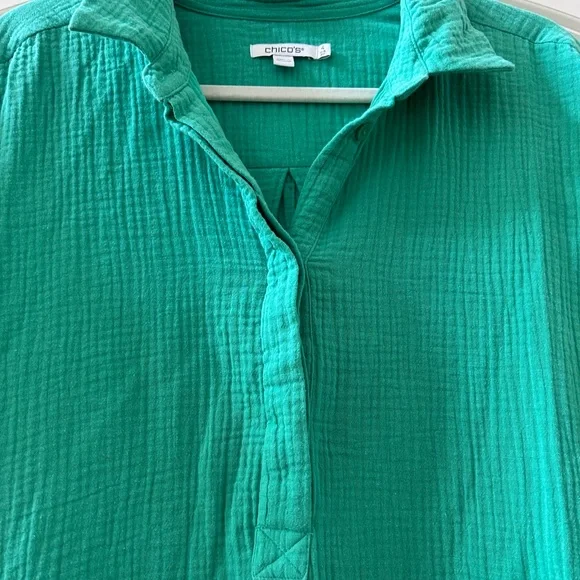 Chicos 100% gauze cotton roll tab sleeve collared dress. Preppy. Lightweight. 20 - Picture 4 of 11